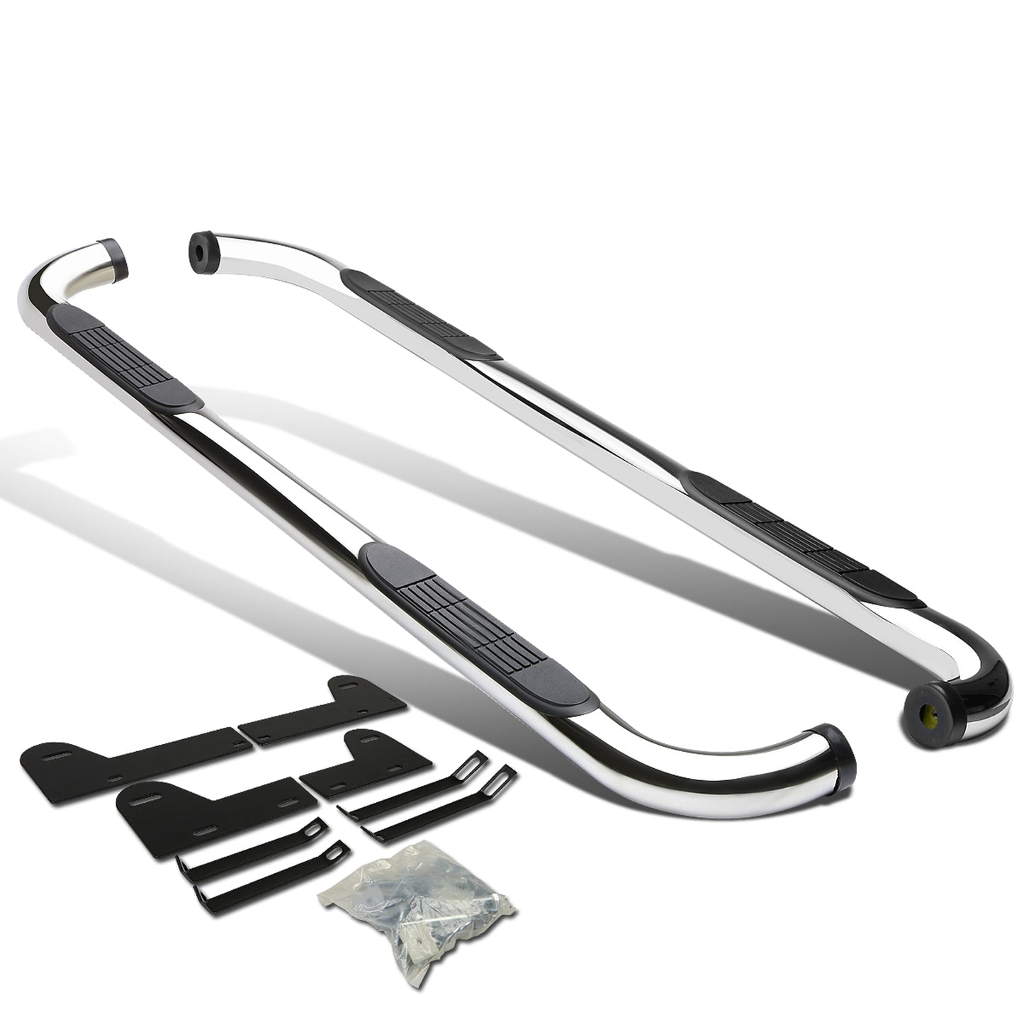 ESTRIBOS 3" - ROUND - 90 DEG - 02-08 DODGE RAM 1500 / 03-08 DODGE RAM 2500, 3500 - QUAD CAB - SILVER