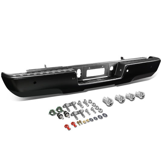 DEFENSA TRASERA 14-17 CHEVY SILVERADO GMC SIERRA 1500 2500 3500 - W/ PARKING SENSOR HOLES - W/ LICENSE PLATE LIGHTS - FITS MODELS W/ REAR PARKING SENSORS - BLACK/STEEL