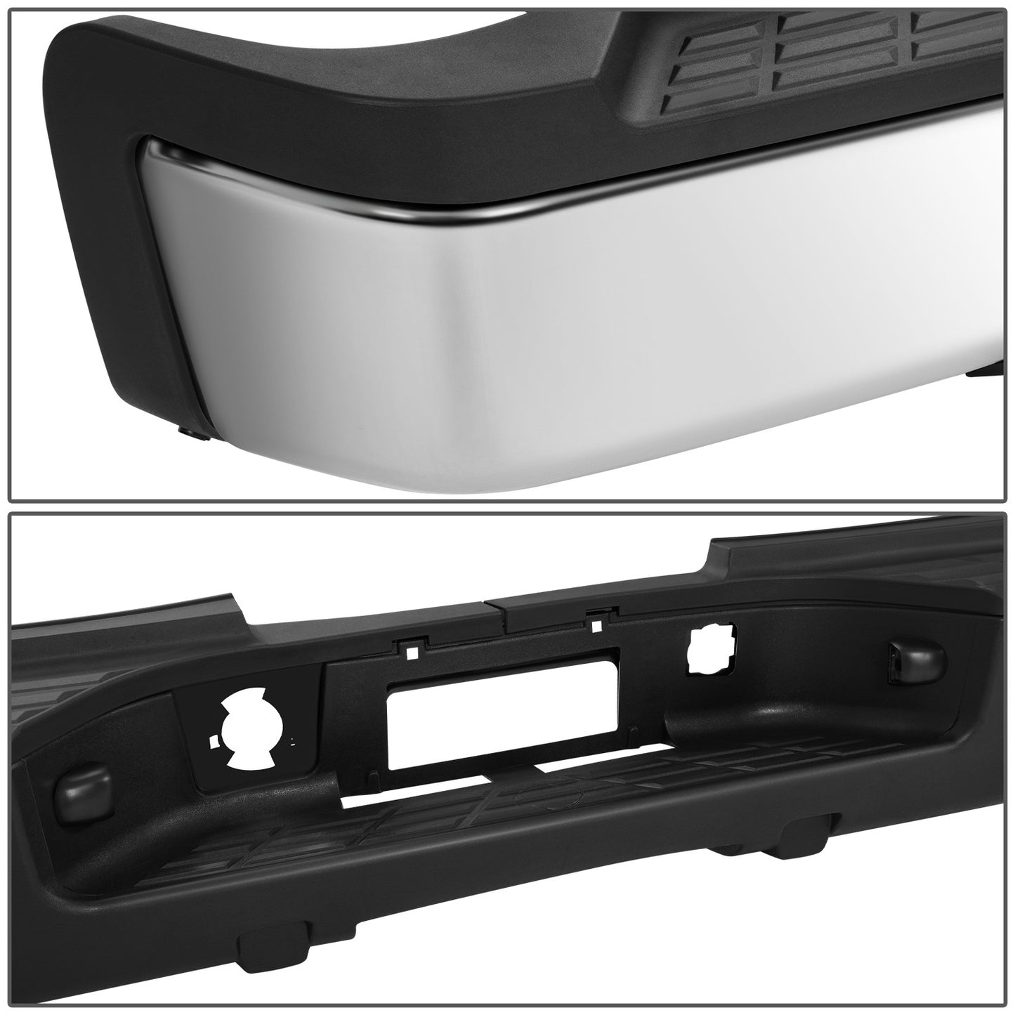 DEFENSA TRASERA 07-10 CHEVROLET SILVERADO 2500 HD / 07-10 CHEVROLET SILVERADO 3500 HD / 07-10 GMC SIERRA 2500 HD / 07-10 GMC SIERRA 3500 HD - WITHOUT REAR PARKING SENSOR HOLES - FITS MODELS WITH SINGLE REAR WHEELS - CHROME