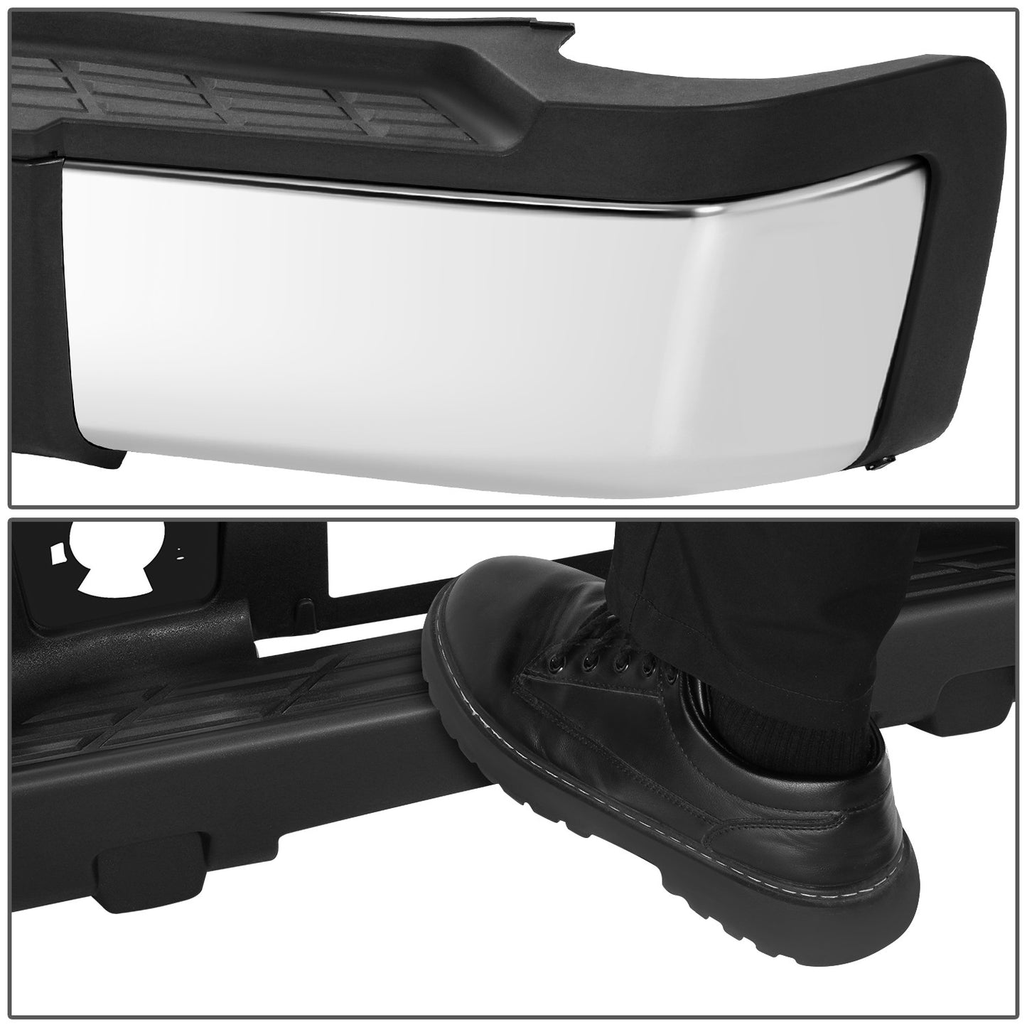 DEFENSA TRASERA 07-10 CHEVROLET SILVERADO 2500 HD / 07-10 CHEVROLET SILVERADO 3500 HD / 07-10 GMC SIERRA 2500 HD / 07-10 GMC SIERRA 3500 HD - WITHOUT REAR PARKING SENSOR HOLES - FITS MODELS WITH SINGLE REAR WHEELS - CHROME