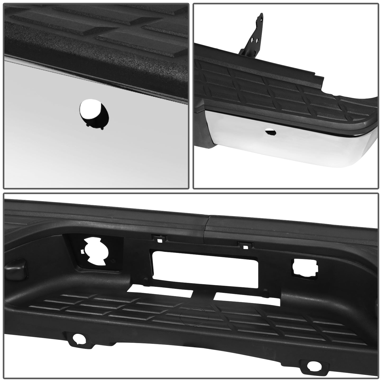 DEFENSA TRASERA 07-13 CHEVY SILVERADO 1500 GMC SIERRA 1500 - W/ PARKING SENSOR HOLES - W/ LICENSE PLATE LIGHTS - FITS MODELS W/ REAR PARKING SENSORS - CHROME/STEEL