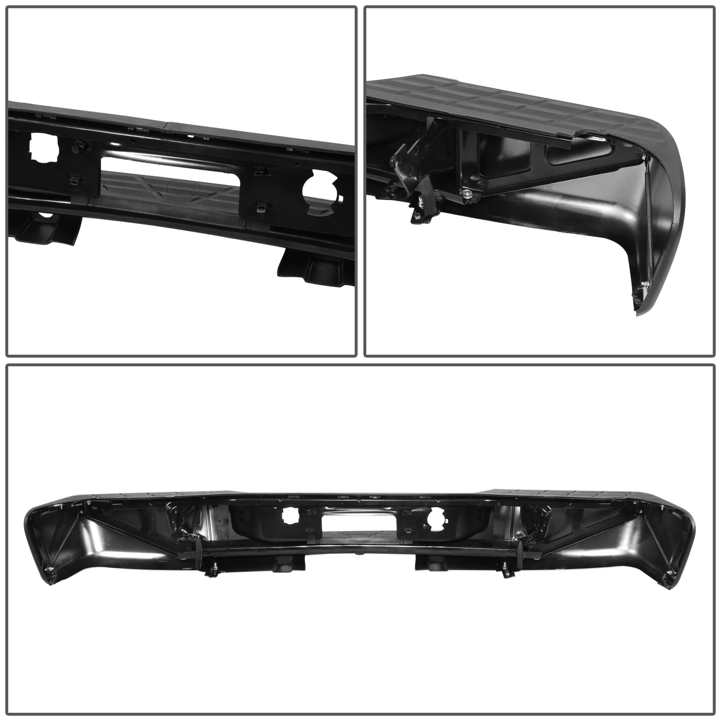 DEFENSA TRASERA 07-13 CHEVY SILVERADO 1500 GMC SIERRA 1500 - W/ PARKING SENSOR HOLES - W/ LICENSE PLATE LIGHTS - FITS MODELS W/ REAR PARKING SENSORS - CHROME/STEEL