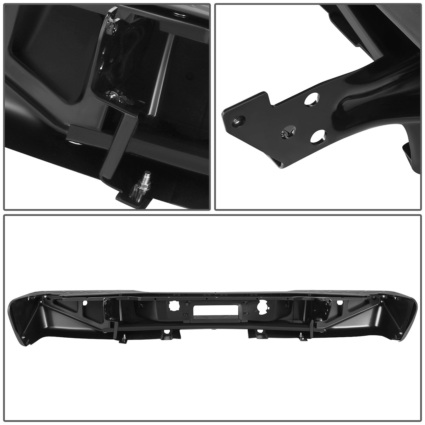 DEFENSA TRASERA 07-13 CHEVY SILVERADO 1500 GMC SIERRA 1500 - W/ PARKING SENSOR HOLES - W/ LICENSE PLATE LIGHTS - FITS MODELS W/ REAR PARKING SENSORS - BLACK/STEEL
