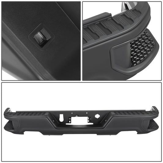DEFENSA TRASERA 19-23 CHEVY SILVERADO 1500 GMC SIERRA 1500 ALSO FITS CHEVY SILVERADO 1500 LTD 22 AND GMC SIERRA 1500 LIMITED 22 - CORNER STEP MODEL W/O PARKING SENSOR HOLES - W/ EXHAUST CUTOUTS - BLACK/STEEL