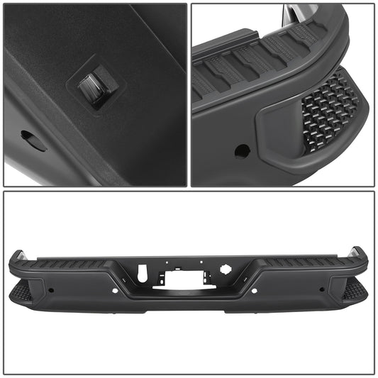 DEFENSA TRASERA 19-23 CHEVY SILVERADO 1500 GMC SIERRA 1500 ALSO FITS CHEVY SILVERADO 1500 LTD 22 AND GMC SIERRA 1500 LIMITED 22 - CORNER STEP MODEL W/ PARKING SENSOR HOLES - W/O EXHUAST CUTOUTS - BLACK/STEEL