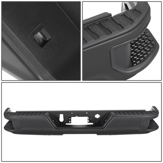 DEFENSA TRASERA 19-23 CHEVY SILVERADO 1500 GMC SIERRA 1500 ALSO FITS CHEVY SILVERADO 1500 LTD 22 AND GMC SIERRA 1500 LIMITED 22 - CORNER STEP MODEL W/O PARKING SENSOR HOLES - W/O EXHUAST CUTOUTS - BLACK/STEEL
