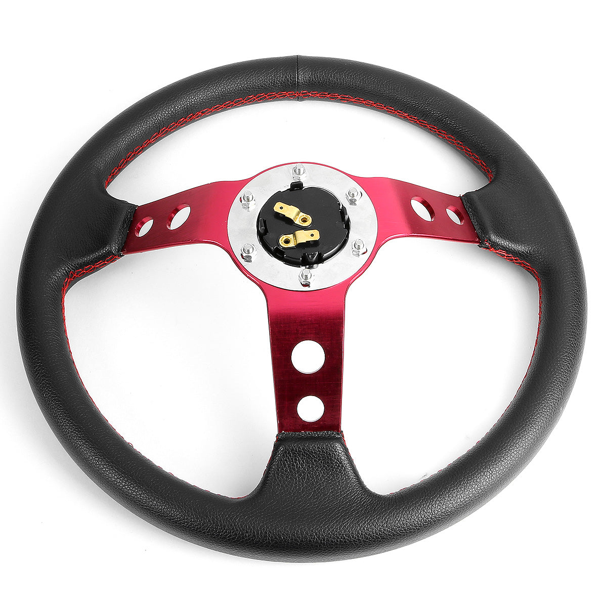 VOLANTE STEERING WHEEL - 3" DEEP DISH - 350MM - PVC LEATHER - 6 BOLT - BLACK W/ RED STITCHING - RED SPOKE