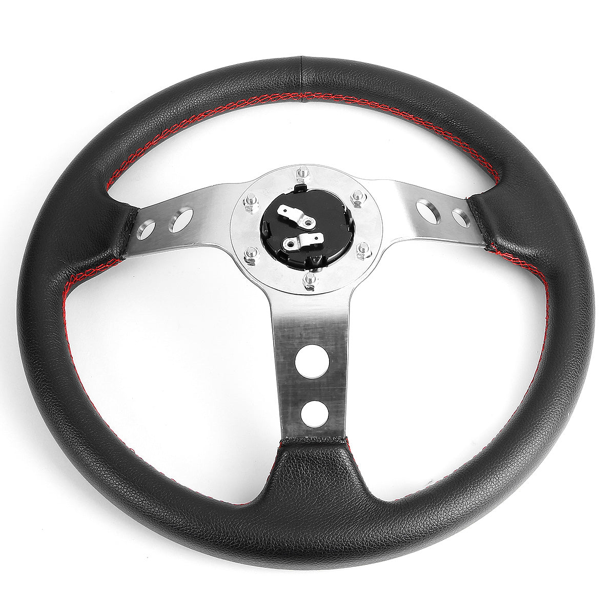 VOLANTE STEERING WHEEL - 3" DEEP DISH - 350MM - PVC LEATHER - 6 BOLT - BLACK W/ RED STITCHING - SILVER SPOKE