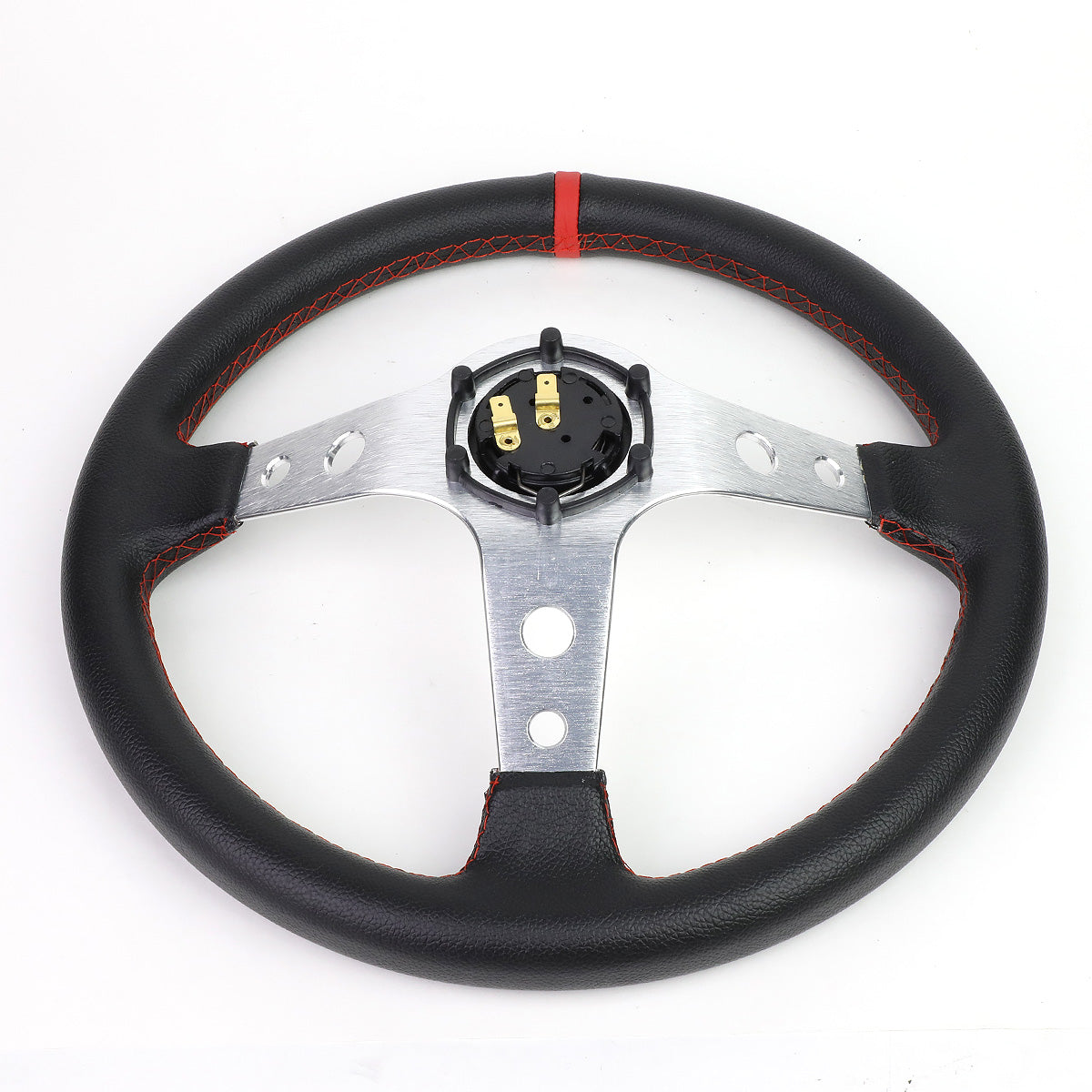 VOLANTE STEERING WHEEL - 350MM - PVC BLACK LEATHER - 6-BOLT - ALUMINUM - SILVER CENTER W/ RED STRIPE
