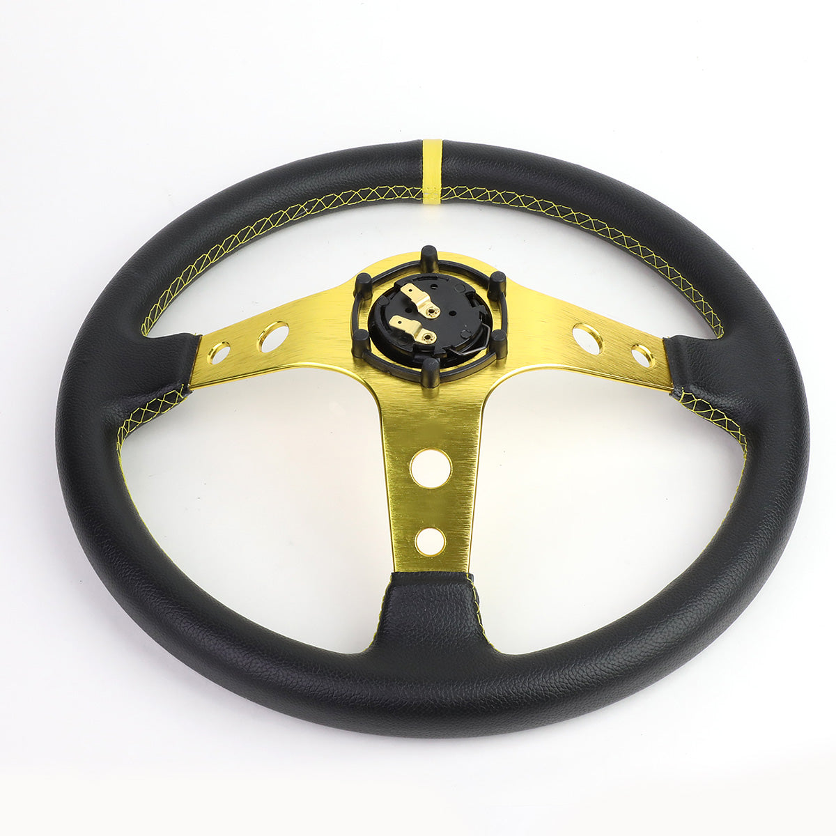 VOLANTE STEERING WHEEL - 350MM - PVC BLACK LEATHER - 6-BOLT - ALUMINUM - GOLD CENTER W/ GOLD STRIPE