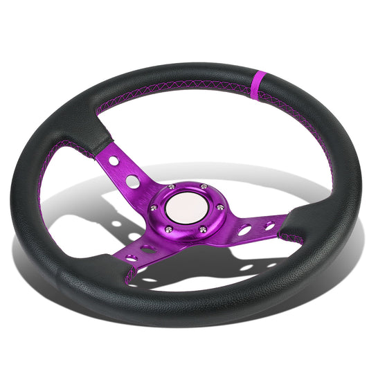 VOLANTE STEERING WHEEL - 350MM - PVC BLACK LEATHER - 6-BOLT - ALUMINUM - PURPLE CENTER W/ PURPLE STRIPE