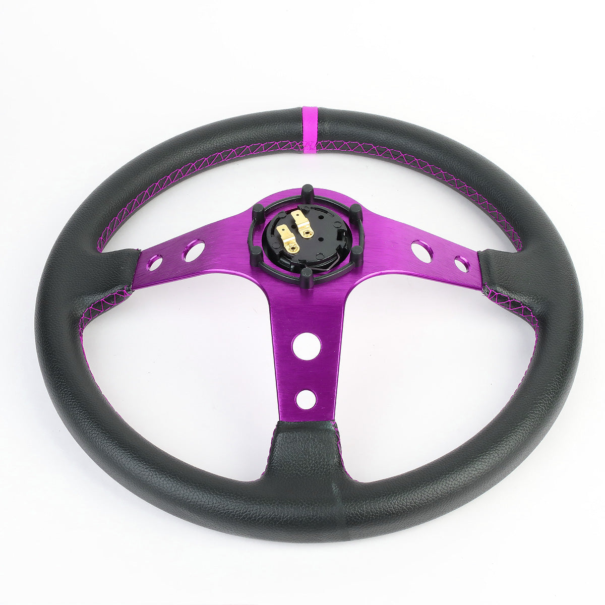 VOLANTE STEERING WHEEL - 350MM - PVC BLACK LEATHER - 6-BOLT - ALUMINUM - PURPLE CENTER W/ PURPLE STRIPE