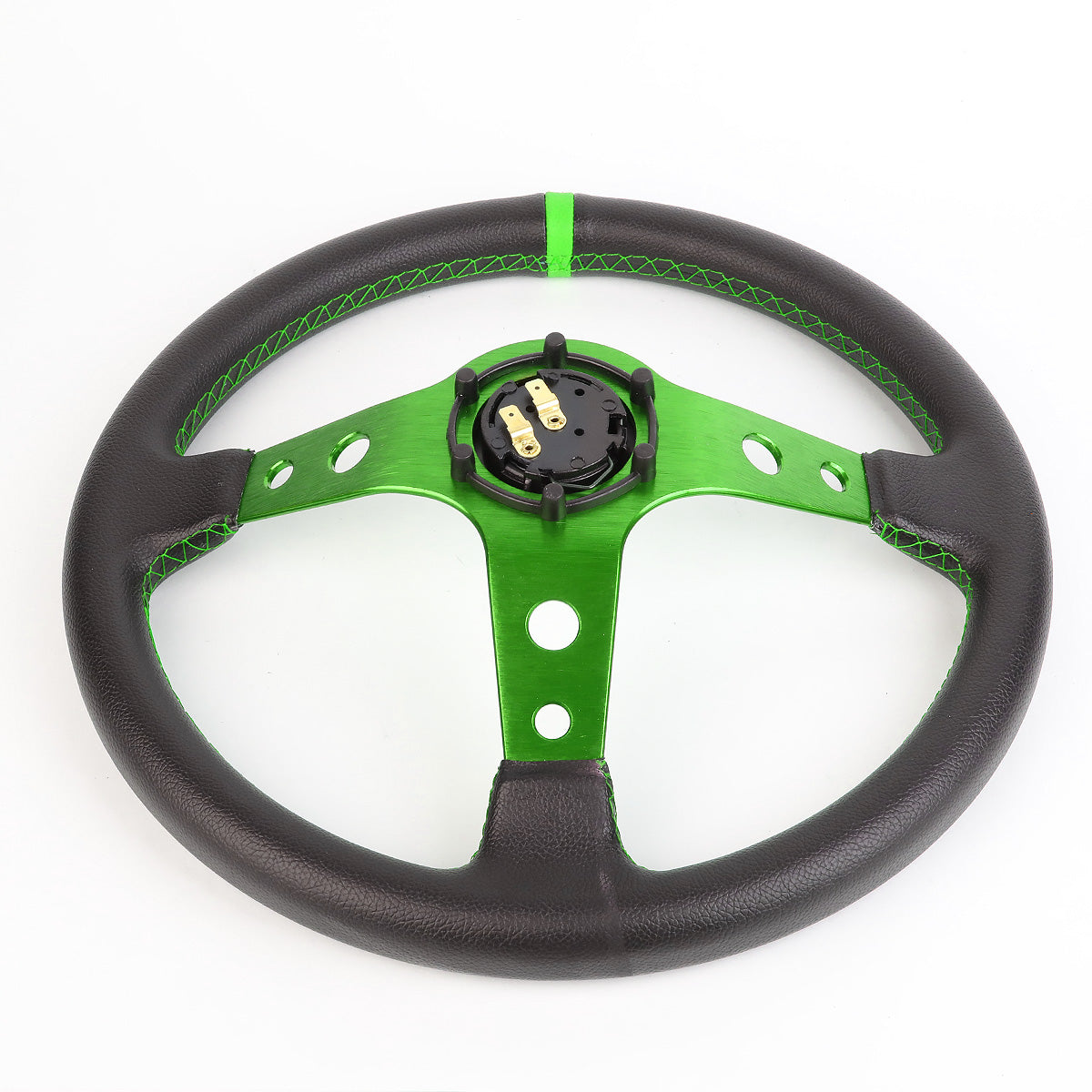 VOLANTE STEERING WHEEL - 350MM - PVC BLACK LEATHER - 6-BOLT - ALUMINUM - GREEN CENTER W/ GREEN STRIPE