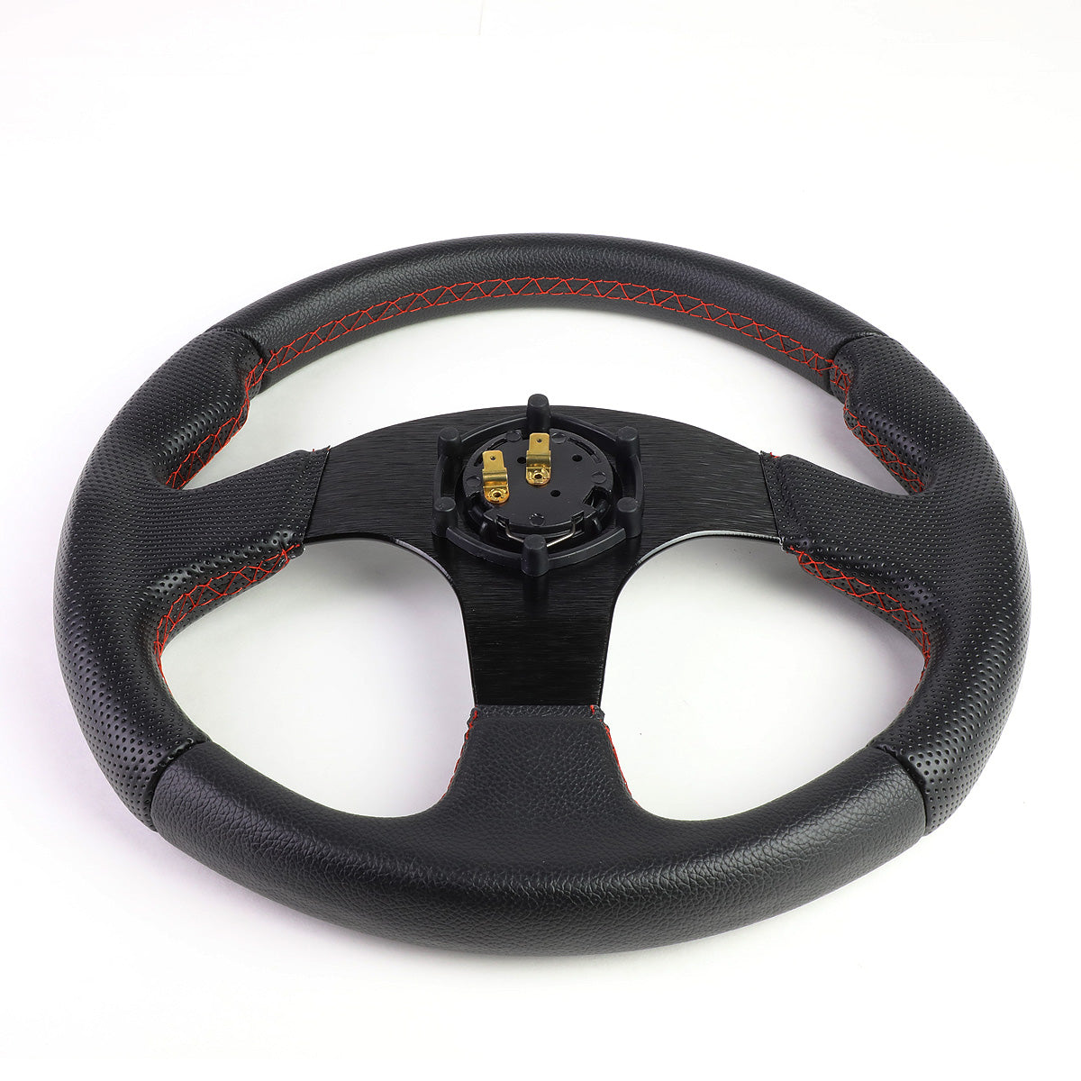 VOLANTE STEERING WHEEL - 320MM - PVC BLACK LEATHER - THUMB GRIPS - 6-BOLT - ALUMINUM - BLACK CENTER W/ RED STITCH