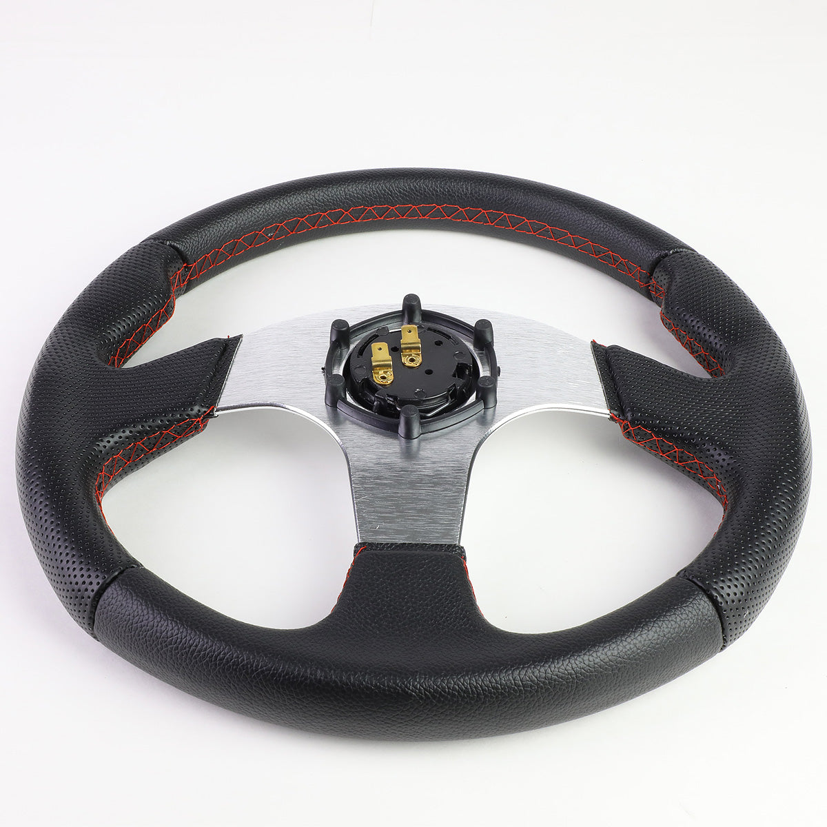 VOLANTE STEERING WHEEL - 320MM - PVC BLACK LEATHER - THUMB GRIPS - 6-BOLT - ALUMINUM - SILVER CENTER W/ RED STITCH