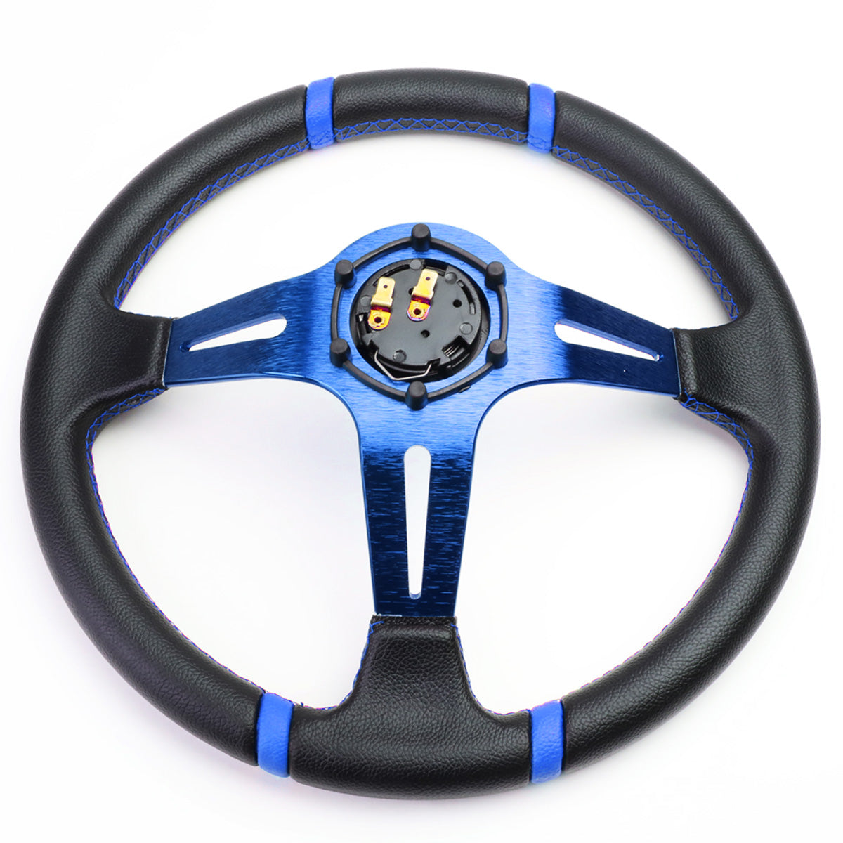 VOLANTE STEERING WHEEL - 350MM - PVC BLACK LEATHER - 6-BOLT - ALUMINUM - BLUE CENTER W/ 2 BLUE STRIPES ON TOP & BOTTOM
