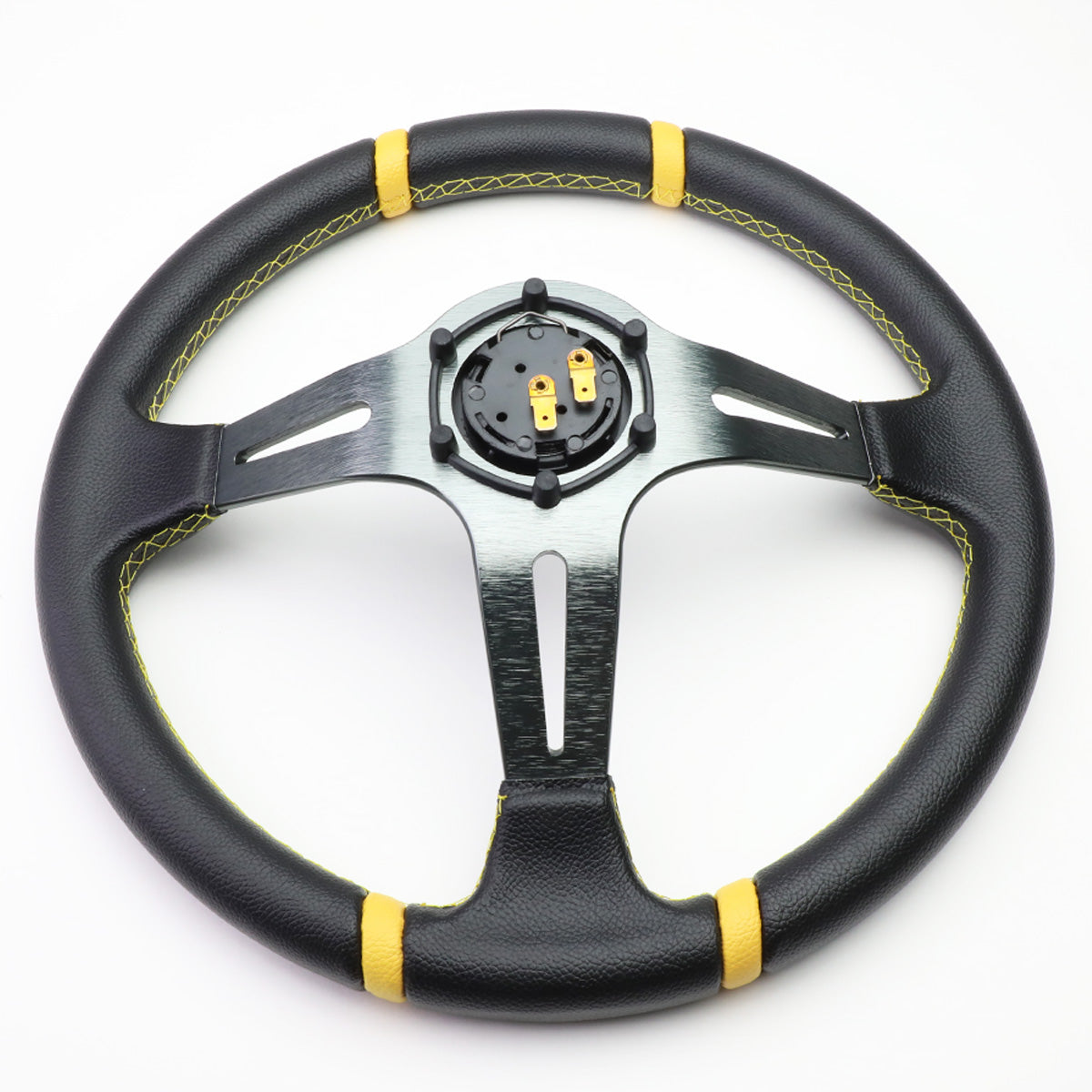 VOLANTE STEERING WHEEL - 350MM - PVC BLACK LEATHER - 6-BOLT - ALUMINUM - GUNMETAL CENTER W/ 2 YELLOW STRIPES ON TOP & BOTTOM