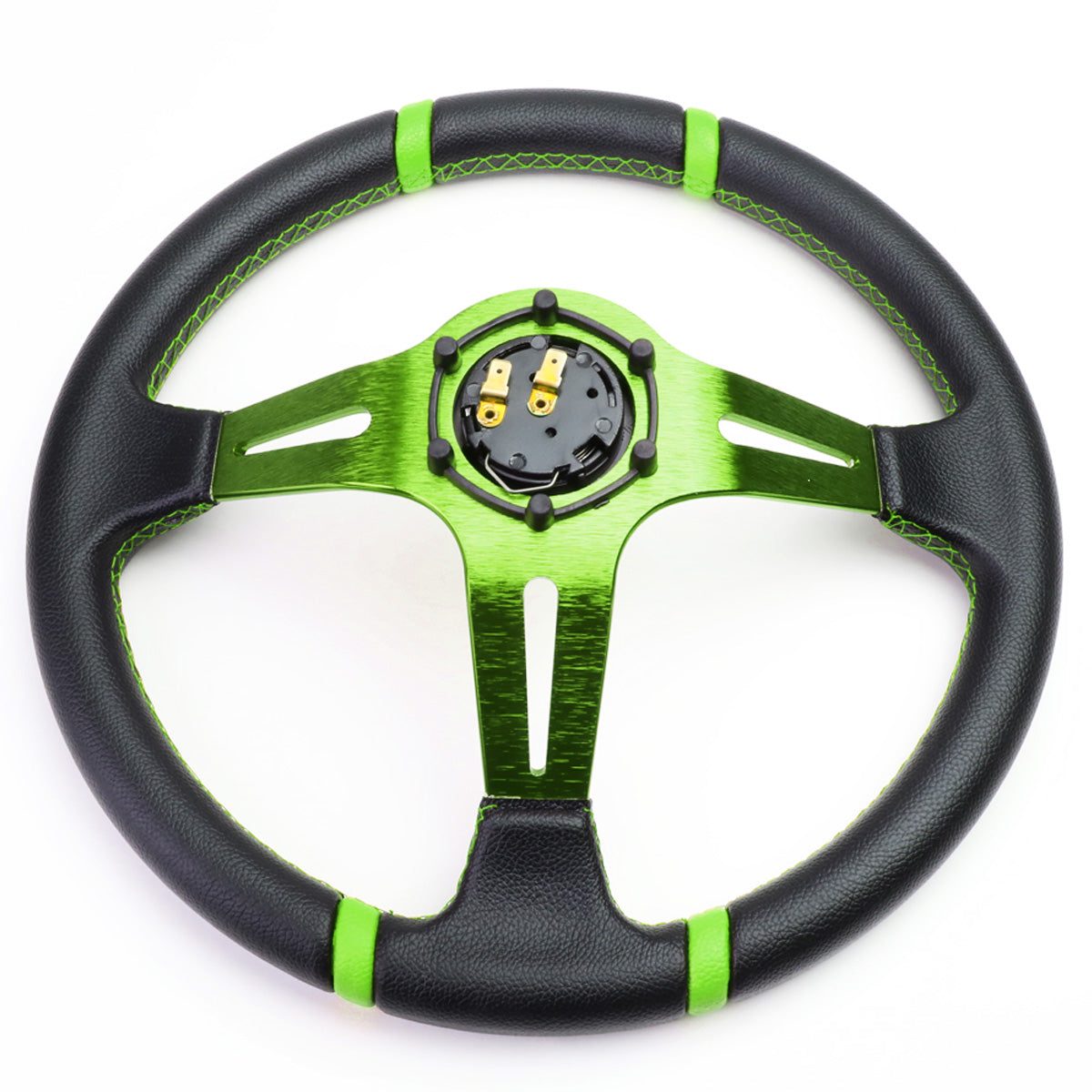 VOLANTE STEERING WHEEL - 350MM - PVC BLACK LEATHER - 6-BOLT - ALUMINUM - GREEN CENTER W/ 2 GREEN STRIPES ON TOP & BOTTOM