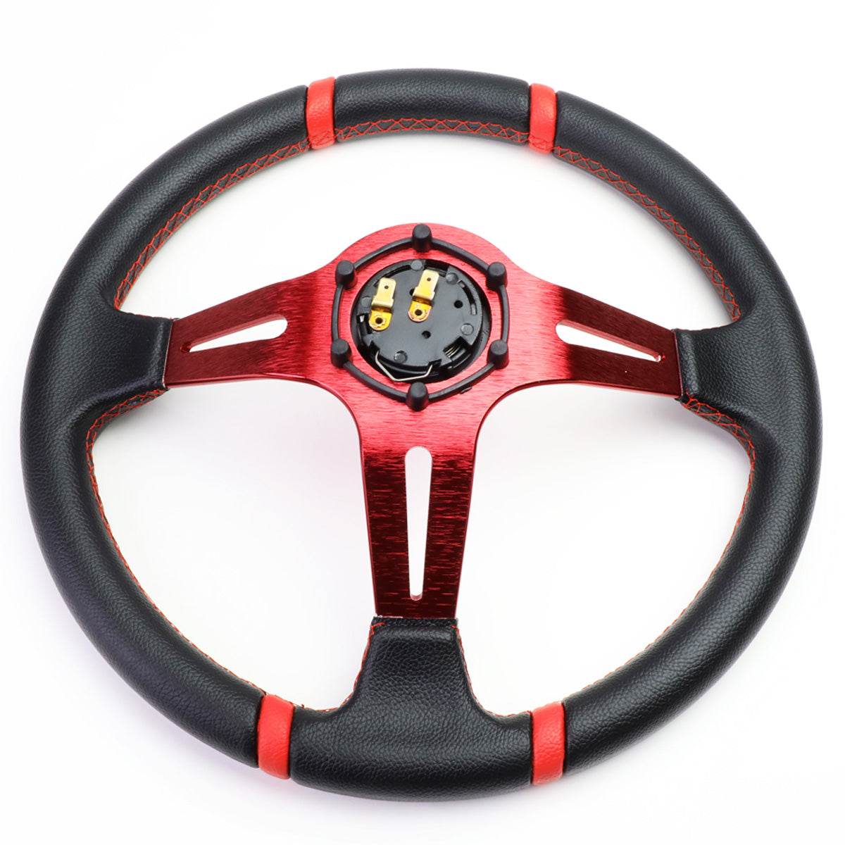 VOLANTE STEERING WHEEL - 350MM - PVC BLACK LEATHER - 6-BOLT - ALUMINUM - RED CENTER W/ 2 RED STRIPES ON TOP & BOTTOM