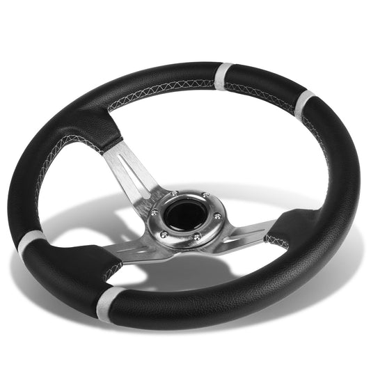 VOLANTE STEERING WHEEL - 350MM - PVC BLACK LEATHER - 6-BOLT - ALUMINUM - SILVER CENTER W/ 2 SILVER STRIPES ON TOP & BOTTOM