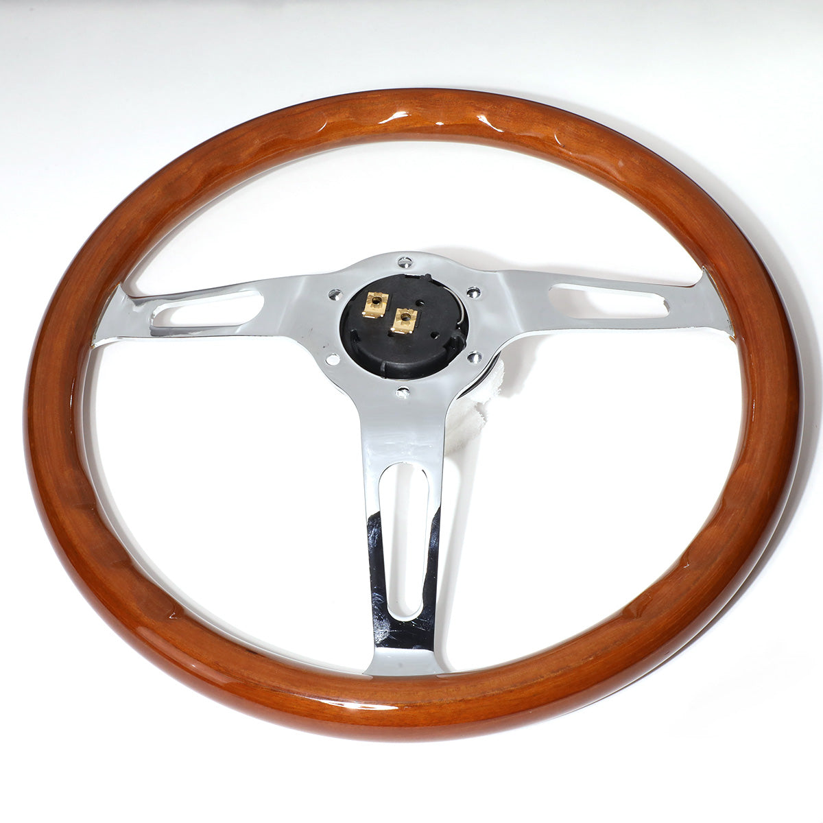 VOLANTE STEERING WHEEL - 2"DEEP DISH - 3-SPOKE WITH OVAL CUTOUT STYLE - 14" WOOD GRAIN - VINTAGE - VEHICLES WITH AFTERMARKET 6-BOLT X 70MM PATTERN STEERING WHEEL HUBS