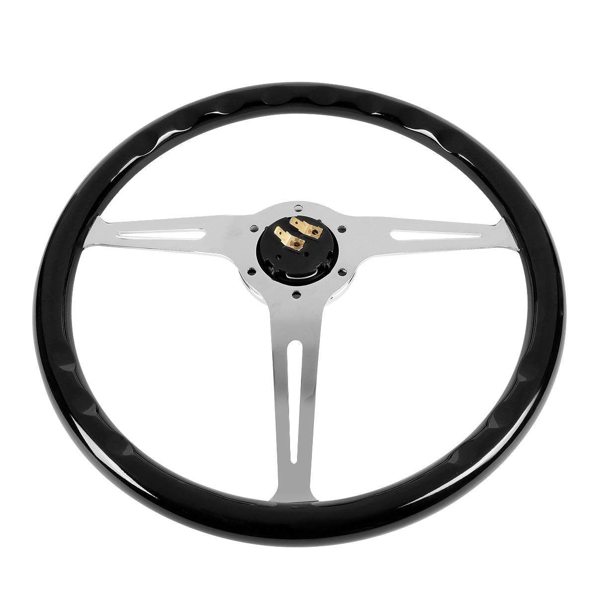 VOLANTE STEERING WHEEL - 2"DEEP DISH - 3-SPOKE WITH NEEDLE CUTOUT STYLE - 15" BLACK WOOD GRAIN - VINTAGE STYLE - VEHICLES WITH AFTERMARKET 6-BOLT X 70MM PATTERN STEERING WHEEL HUBS