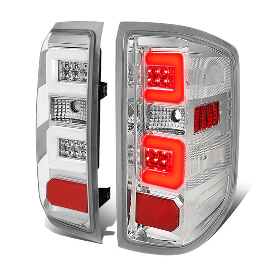 FAROS TRASEROS 14-19 CHEVY SILVERADO 1500 - 15-19 SILVERADO 2500HD 3500HD - 15-19 GMC SIERRA 3500HD DUAL REAR WHEELS - HALOGEN TAIL LIGHT MODELS ONLY - C-BAR - DUAL 3D STRIPS - LED - CHROME / CLEAR