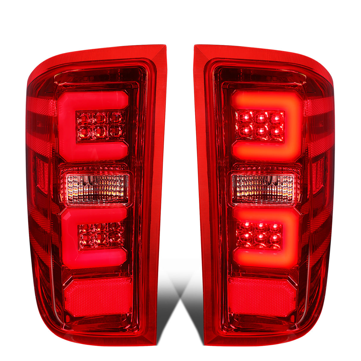 FAROS TRASEROS 14-19 CHEVY SILVERADO 1500 - 15-19 SILVERADO 2500HD 3500HD - 15-19 GMC SIERRA 3500HD DUAL REAR WHEELS - HALOGEN TAIL LIGHT MODELS ONLY - C-BAR - DUAL 3D STRIPS - LED - CHROME / RED
