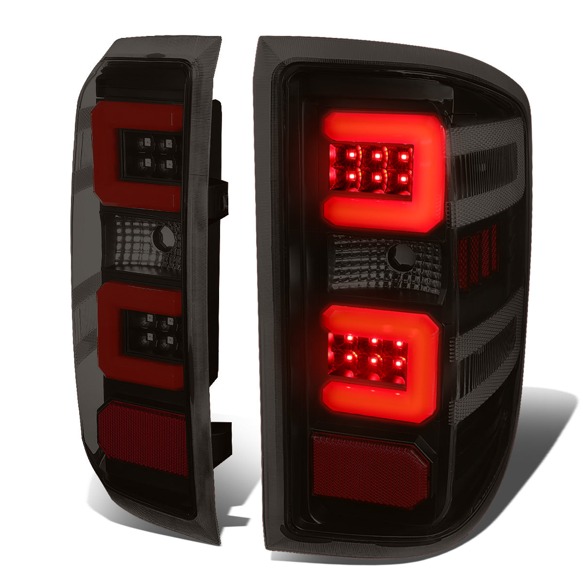 FAROS TRASEROS 14-19 CHEVY SILVERADO 1500 - 15-19 SILVERADO 2500HD 3500HD - 15-19 GMC SIERRA 3500HD DUAL REAR WHEELS - HALOGEN TAIL LIGHT MODELS ONLY - C-BAR - DUAL RED 3D STRIPS - LED - BLACK / SMOKE