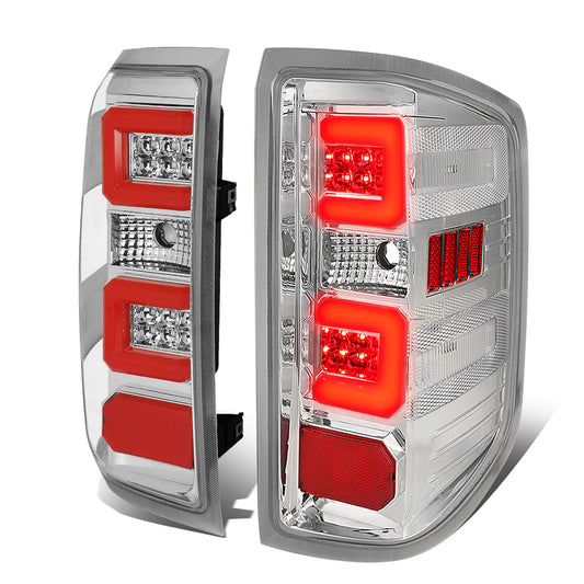 FAROS TRASEROS 14-19 CHEVY SILVERADO 1500 - 15-19 SILVERADO 2500HD 3500HD - 15-19 GMC SIERRA 3500HD DUAL REAR WHEELS - HALOGEN TAIL LIGHT MODELS ONLY - C-BAR - DUAL RED 3D STRIPS - LED - CHROME / CLEAR