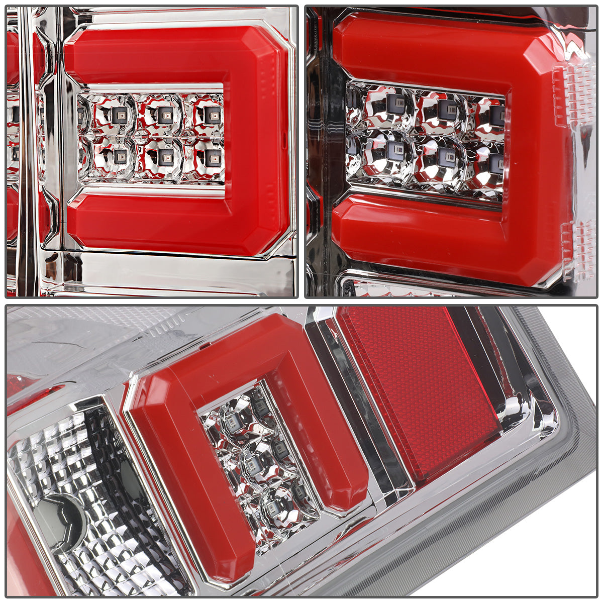 FAROS TRASEROS 14-19 CHEVY SILVERADO 1500 - 15-19 SILVERADO 2500HD 3500HD - 15-19 GMC SIERRA 3500HD DUAL REAR WHEELS - HALOGEN TAIL LIGHT MODELS ONLY - C-BAR - DUAL RED 3D STRIPS - LED - CHROME / CLEAR