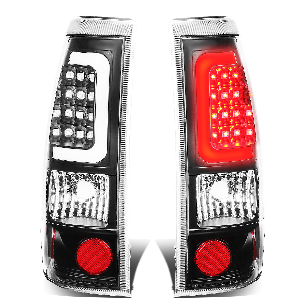 FAROS TRASEROS 99-02 CHEVY SILVERADO 1500 , 2500 , 3500 , HD MODELS / 99-03 GMC SIERRA 1500 , 2500 , HD MODELS - C-BAR - 3D - U-HALO LED - BLACK / CLEAR