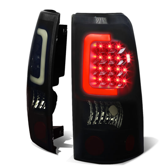 FAROS TRASEROS 99-02 CHEVY SILVERADO 1500 , 2500 , 3500 , HD MODELS / 99-03 GMC SIERRA 1500 , 2500 , HD MODELS - C-BAR - 3D - U-HALO LED - BLACK / SMOKE