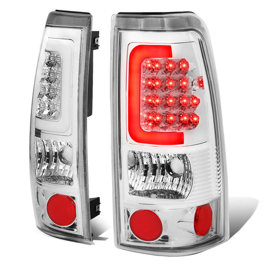 FAROS TRASEROS 99-02 CHEVY SILVERADO 1500 , 2500 , 3500 , HD MODELS / 99-03 GMC SIERRA 1500 , 2500 , HD MODELS - C-BAR - 3D - U-HALO LED - CHROME / CLEAR