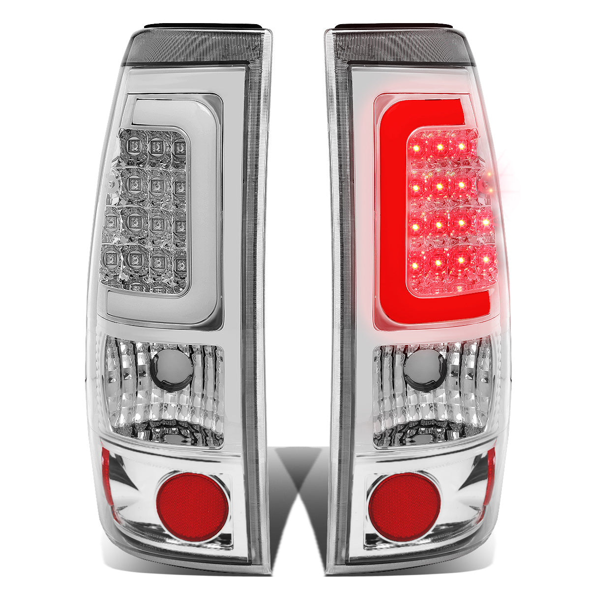 FAROS TRASEROS 99-02 CHEVY SILVERADO 1500 , 2500 , 3500 , HD MODELS / 99-03 GMC SIERRA 1500 , 2500 , HD MODELS - C-BAR - 3D - U-HALO LED - CHROME / CLEAR