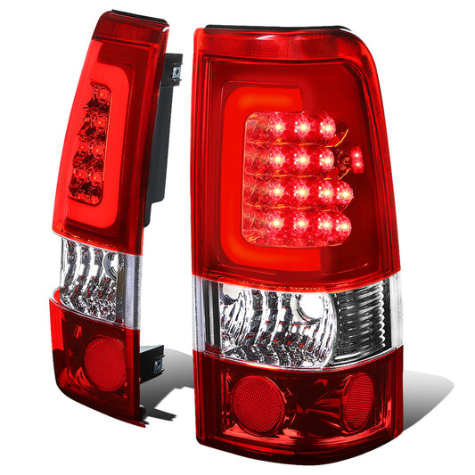 FAROS TRASEROS 99-02 CHEVY SILVERADO 1500 , 2500 , 3500 , HD MODELS / 99-03 GMC SIERRA 1500 , 2500 , HD MODELS - C-BAR - 3D - U-HALO LED - CHROME / RED