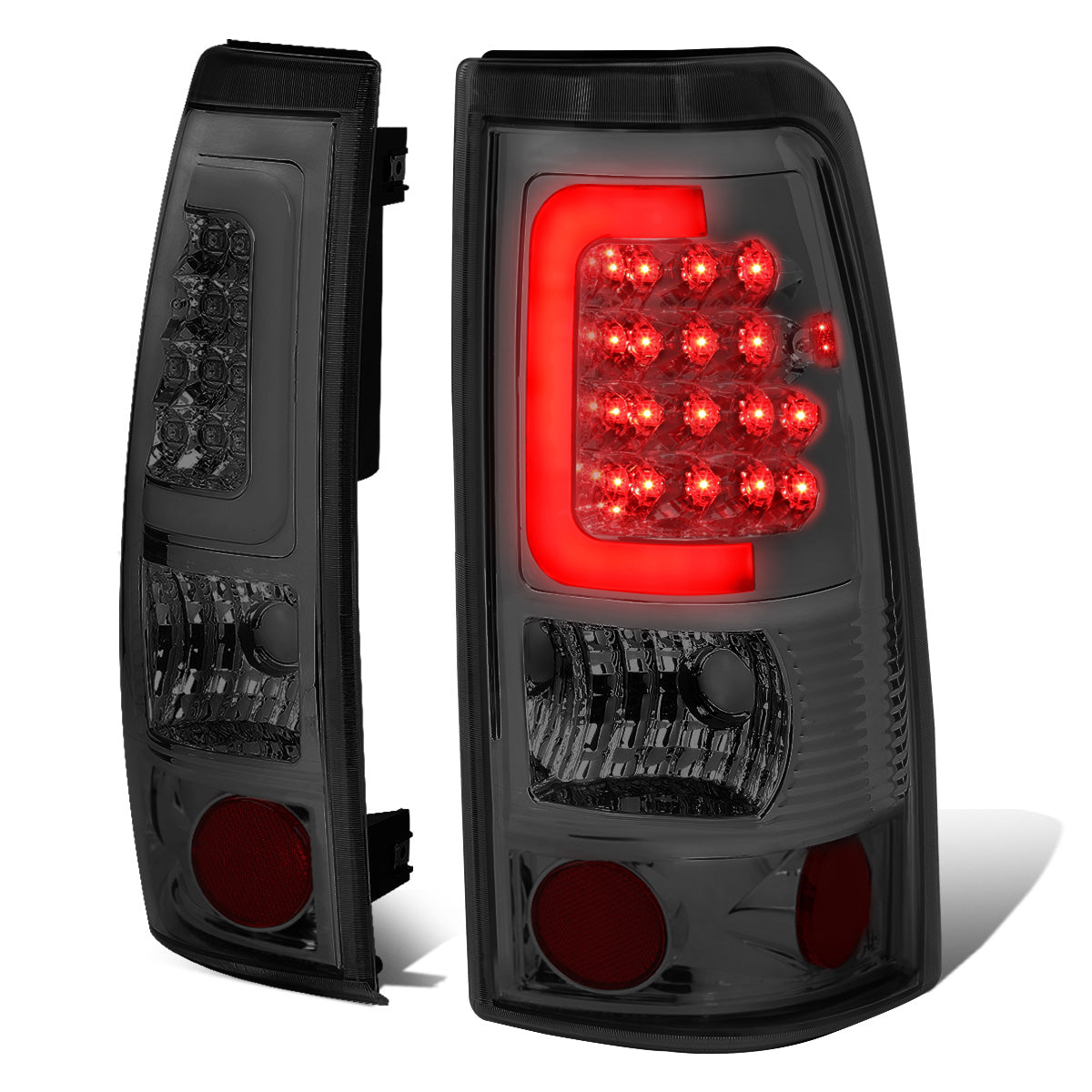 FAROS TRASEROS 99-02 CHEVY SILVERADO 1500 , 2500 , 3500 , HD MODELS / 99-03 GMC SIERRA 1500 , 2500 , HD MODELS - C-BAR - 3D - U-HALO LED - CHROME / SMOKE