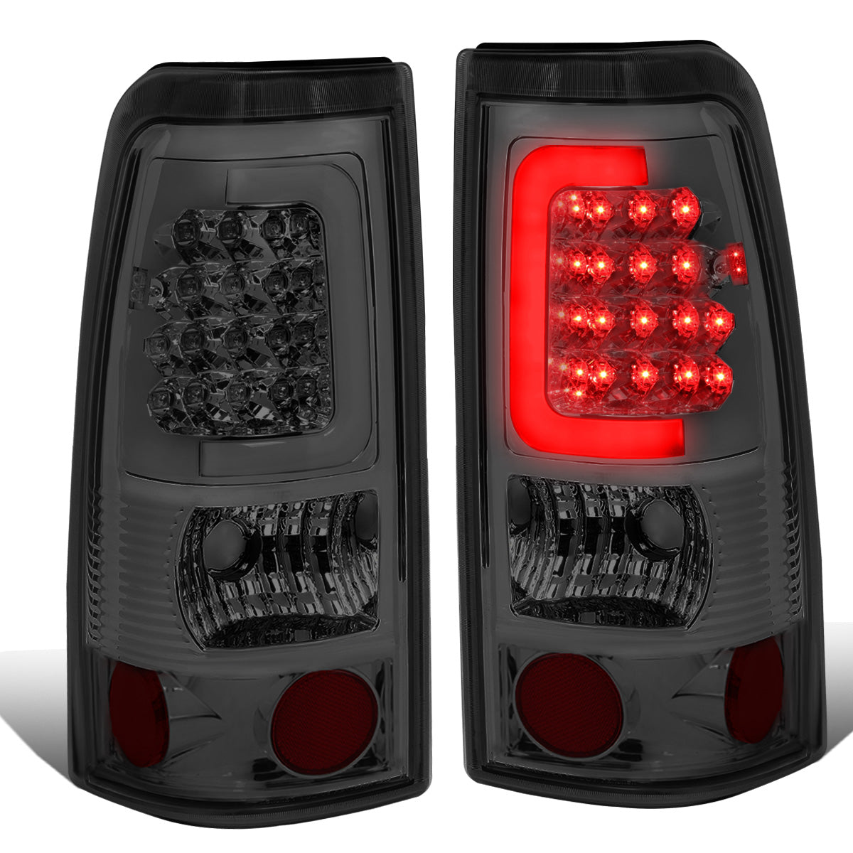 FAROS TRASEROS 99-02 CHEVY SILVERADO 1500 , 2500 , 3500 , HD MODELS / 99-03 GMC SIERRA 1500 , 2500 , HD MODELS - C-BAR - 3D - U-HALO LED - CHROME / SMOKE