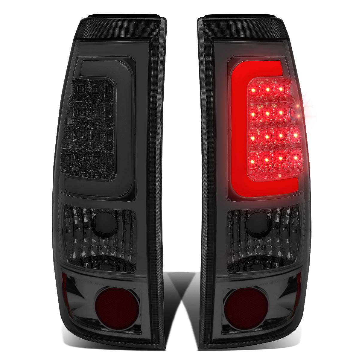 FAROS TRASEROS 99-02 CHEVY SILVERADO 1500 , 2500 , 3500 , HD MODELS / 99-03 GMC SIERRA 1500 , 2500 , HD MODELS - C-BAR - 3D - U-HALO LED - CHROME / SMOKE