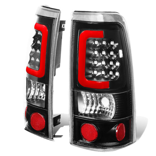 FAROS TRASEROS 99-02 CHEVY SILVERADO 1500 , 2500 , 3500 , HD MODELS / 99-03 GMC SIERRA 1500 , 2500 , HD MODELS - RED C-BAR - 3D - U-HALO LED - BLACK / CLEAR