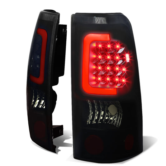 FAROS TRASEROS 99-02 CHEVY SILVERADO 1500 , 2500 , 3500 , HD MODELS / 99-03 GMC SIERRA 1500 , 2500 , HD MODELS - RED C-BAR - 3D - U-HALO LED - BLACK / SMOKE