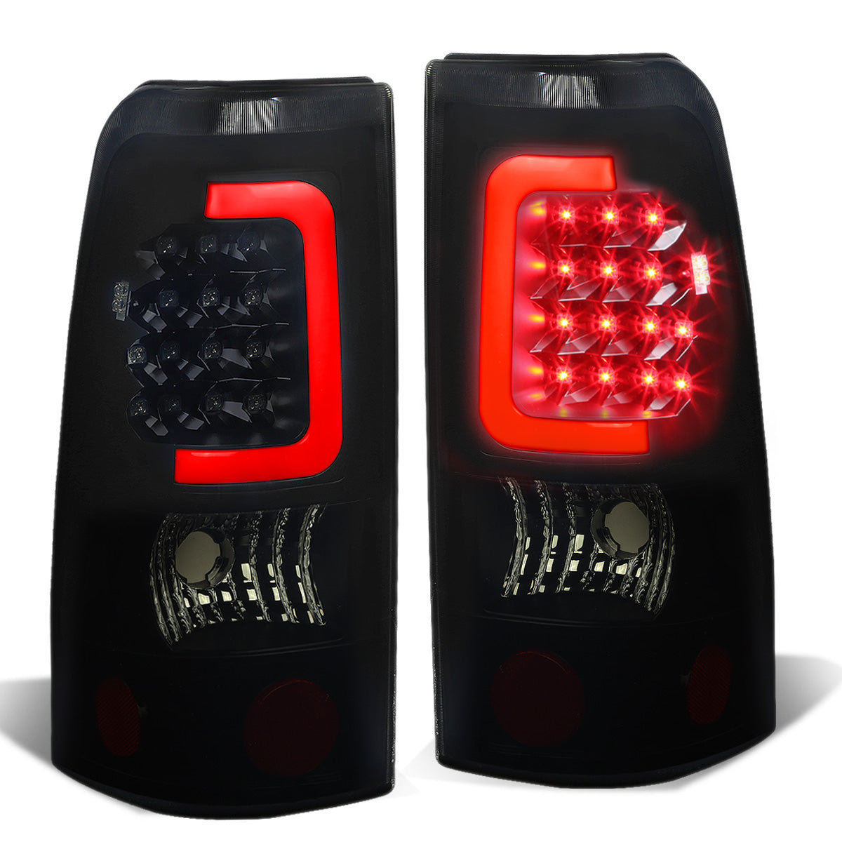 FAROS TRASEROS 99-02 CHEVY SILVERADO 1500 , 2500 , 3500 , HD MODELS / 99-03 GMC SIERRA 1500 , 2500 , HD MODELS - RED C-BAR - 3D - U-HALO LED - BLACK / SMOKE