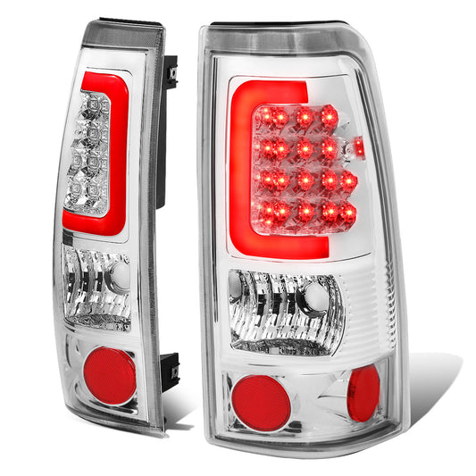 FAROS TRASEROS 99-02 CHEVY SILVERADO 1500 , 2500 , 3500 , HD MODELS / 99-03 GMC SIERRA 1500 , 2500 , HD MODELS - RED C-BAR - 3D - U-HALO LED - CHROME / CLEAR