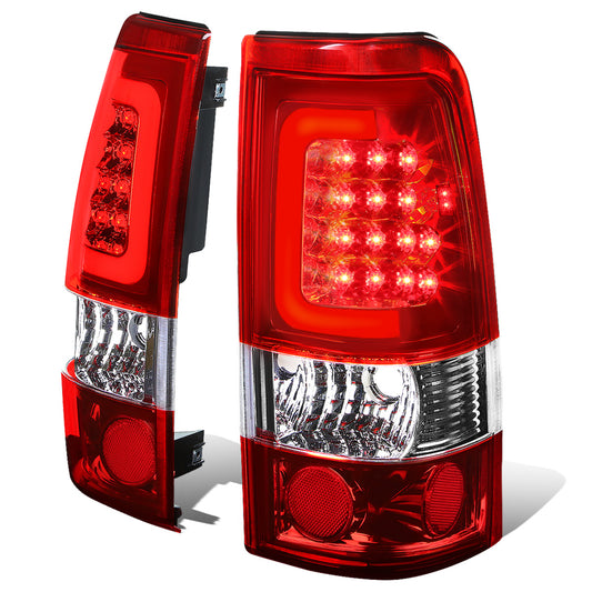 FAROS TRASEROS 99-02 CHEVY SILVERADO 1500 , 2500 , 3500 , HD MODELS / 99-03 GMC SIERRA 1500 , 2500 , HD MODELS - RED C-BAR - 3D - U-HALO LED - CHROME / RED