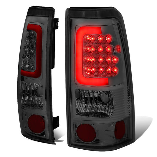 FAROS TRASEROS 99-02 CHEVY SILVERADO 1500 , 2500 , 3500 , HD MODELS / 99-03 GMC SIERRA 1500 , 2500 , HD MODELS - RED C-BAR - 3D - U-HALO LED - CHROME / SMOKE