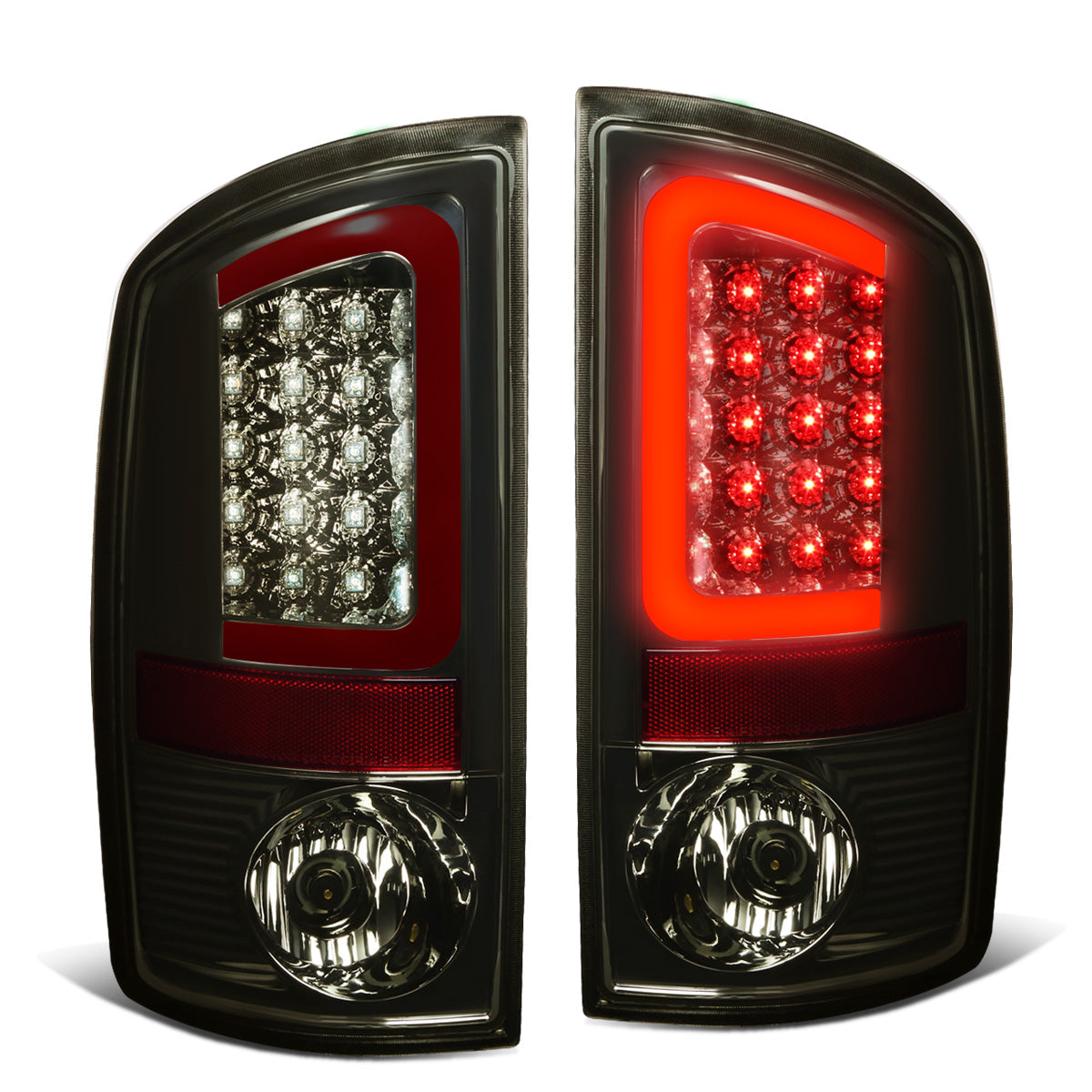 FAROS TRASEROS 02-06 DODGE RAM 1500 / 03-06 DODGE RAM 2500 , 3500 - RED C-BAR - 3D - U-HALO LED - CHROME / SMOKE