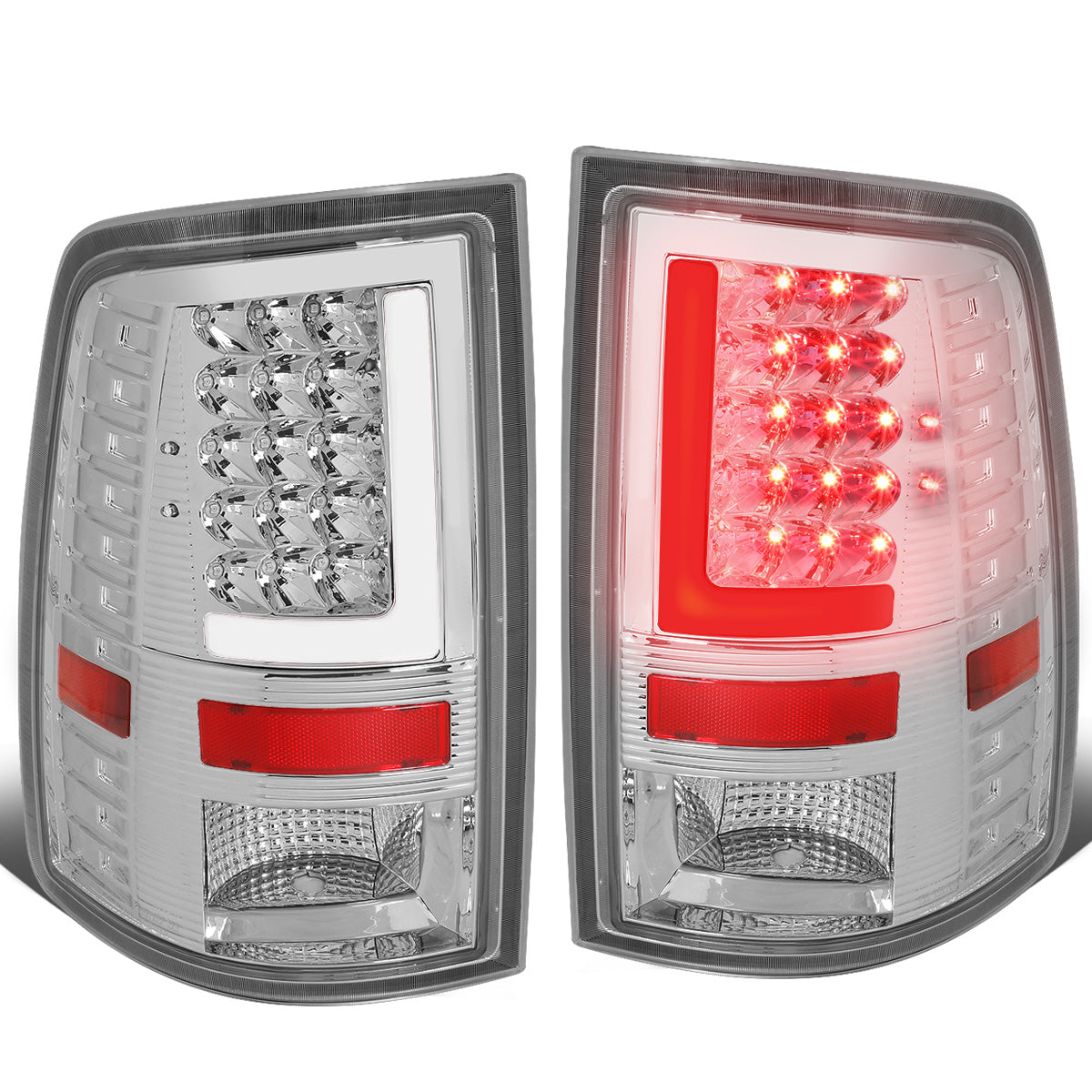 FAROS TRASEROS 09-17 DODGE RAM 1500 / 10-17 DODGE RAM 2500 , 3500 - L-BAR - 3D - LED - CHROME / CLEAR