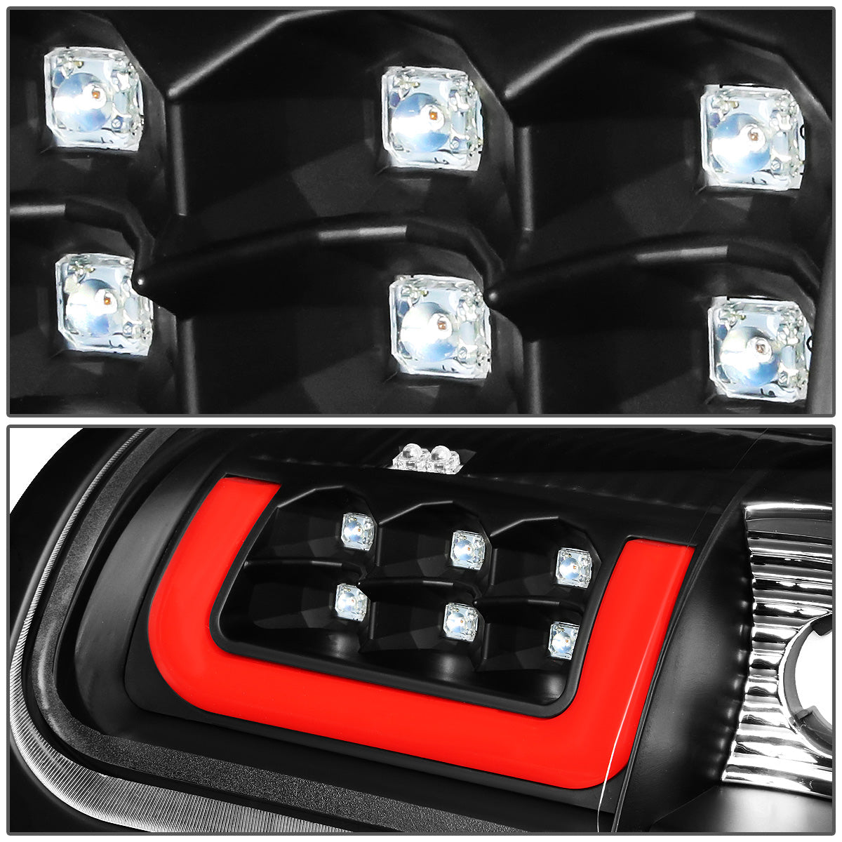 FAROS TRASEROS 94-01 DODGE RAM 1500 / 94-02 DODGE RAM 2500 , 3500 - RED C-BAR - 3D - U-HALO LED - BLACK / CLEAR
