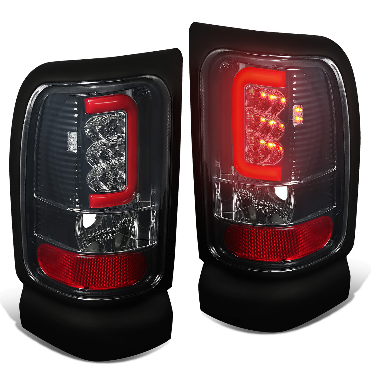 FAROS TRASEROS 94-01 DODGE RAM 1500 / 94-02 DODGE RAM 2500 , 3500 - RED C-BAR - 3D - U-HALO LED - CHROME / SMOKE
