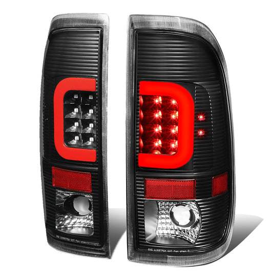 FAROS TRASEROS 97-03 FORD F-150 / 97-99 FORD F-250 / 99-07 FORD F-250, F-350, F-450, F-550 - SUPER DUTY / 04 FORD F-150 HERITAGE - RED C-BAR - 3D - LED - FITS STYLESIDE MODELS ONLY - BLACK / CLEAR